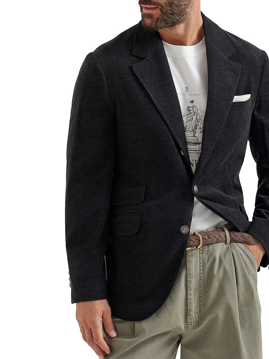 Men's Wool, Silk and Cashmere Corduroy Deconstructed Cavallo Blazer - Charcoal - Size 46