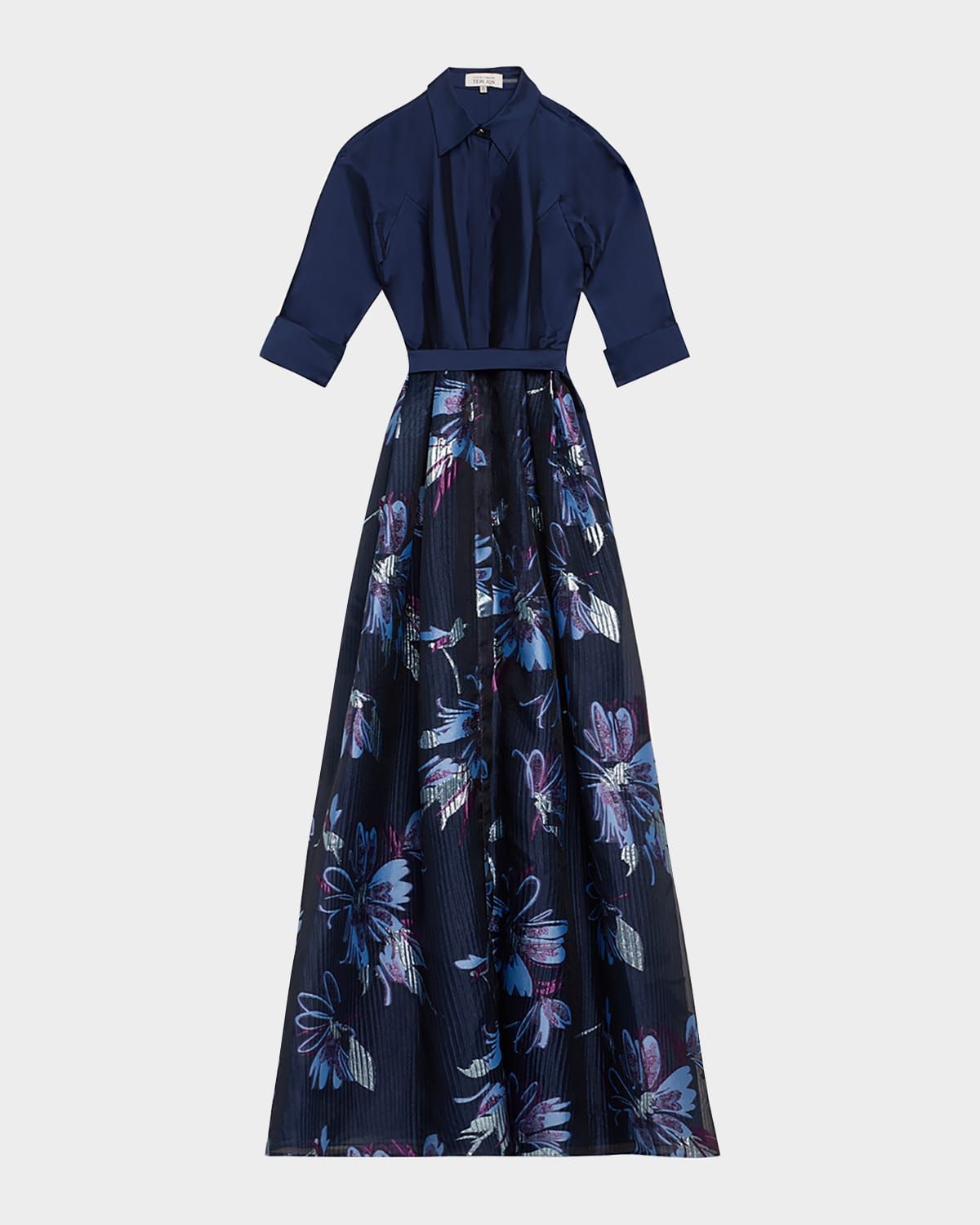 Taffeta & Floral Jacquard Organza Shirt Gown