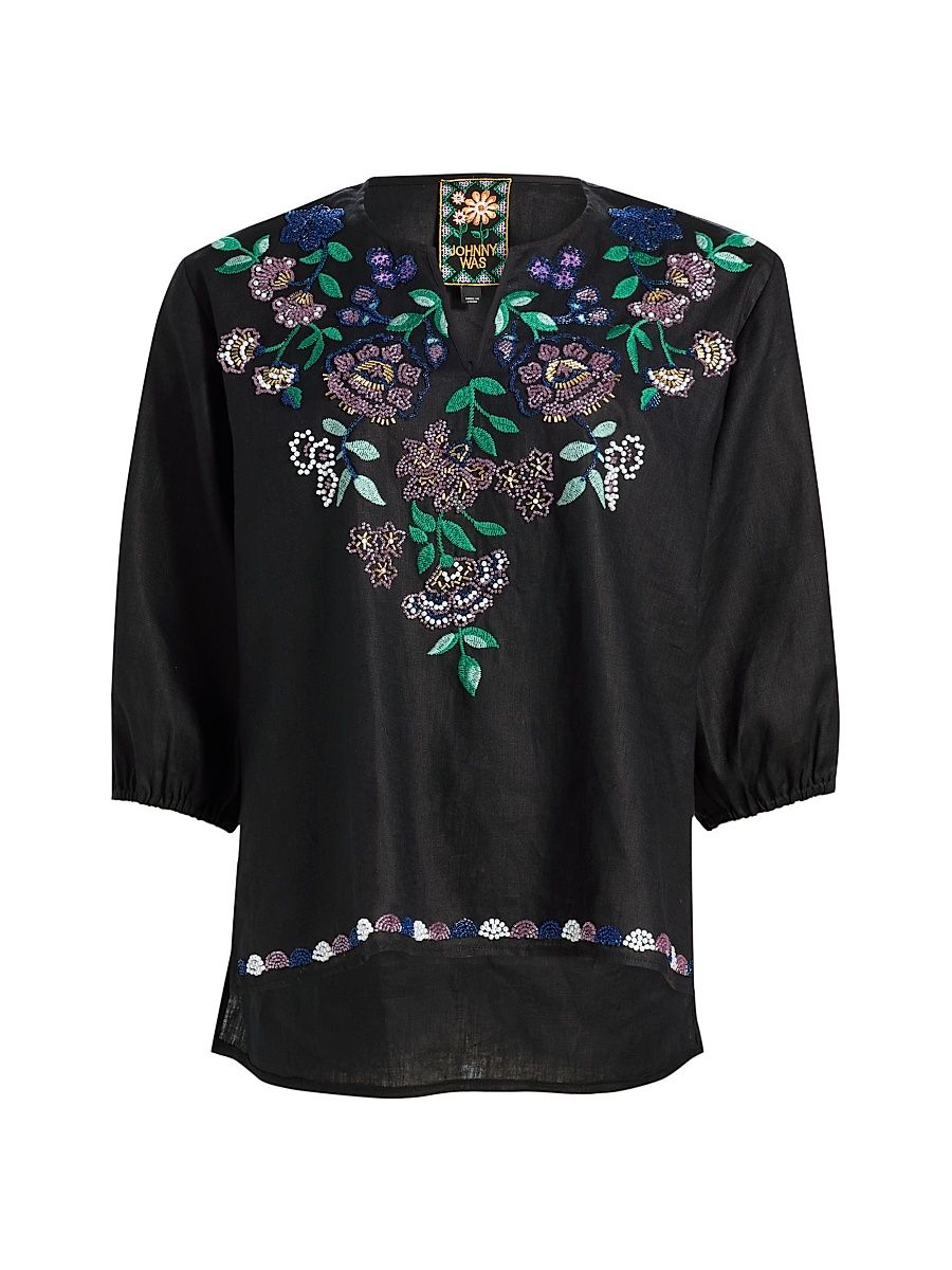 Women's Sloane Embroidered Linen Blouse - Black - Size XL