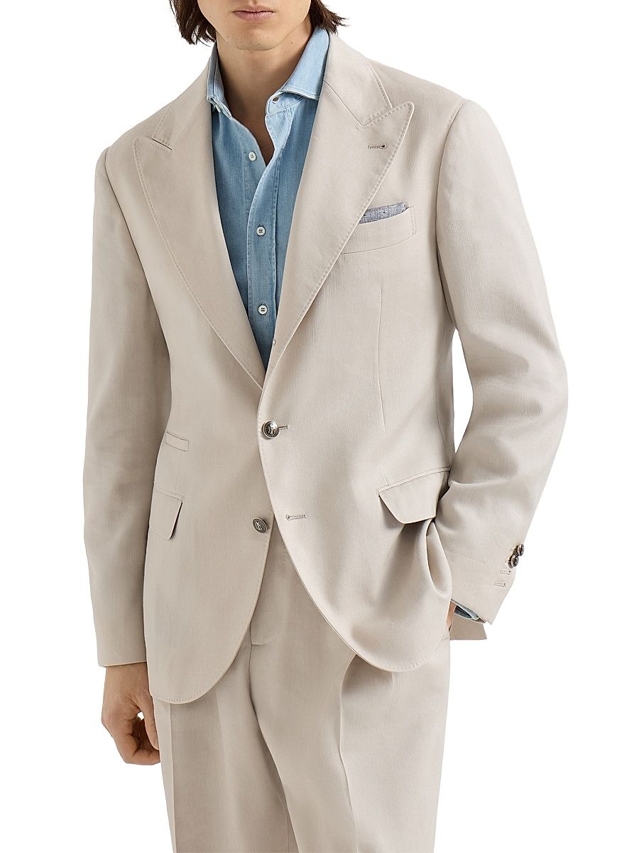 Men's Gabardine Deconstructed Blazer with Peak Lapels and Metal Buttons - Buff - Size 48