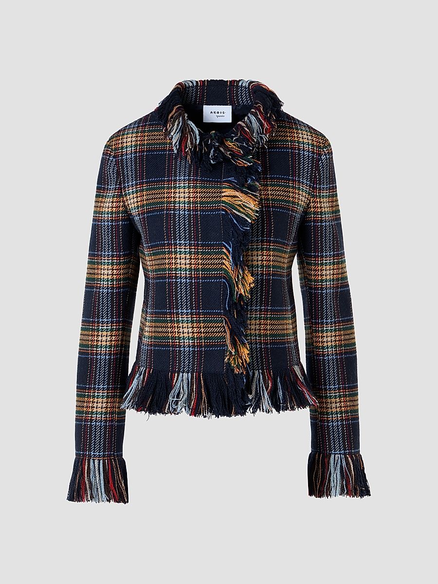 Women's Plaid Tweed Wool-Blend Jacket - Navy Multicolor - Size 2