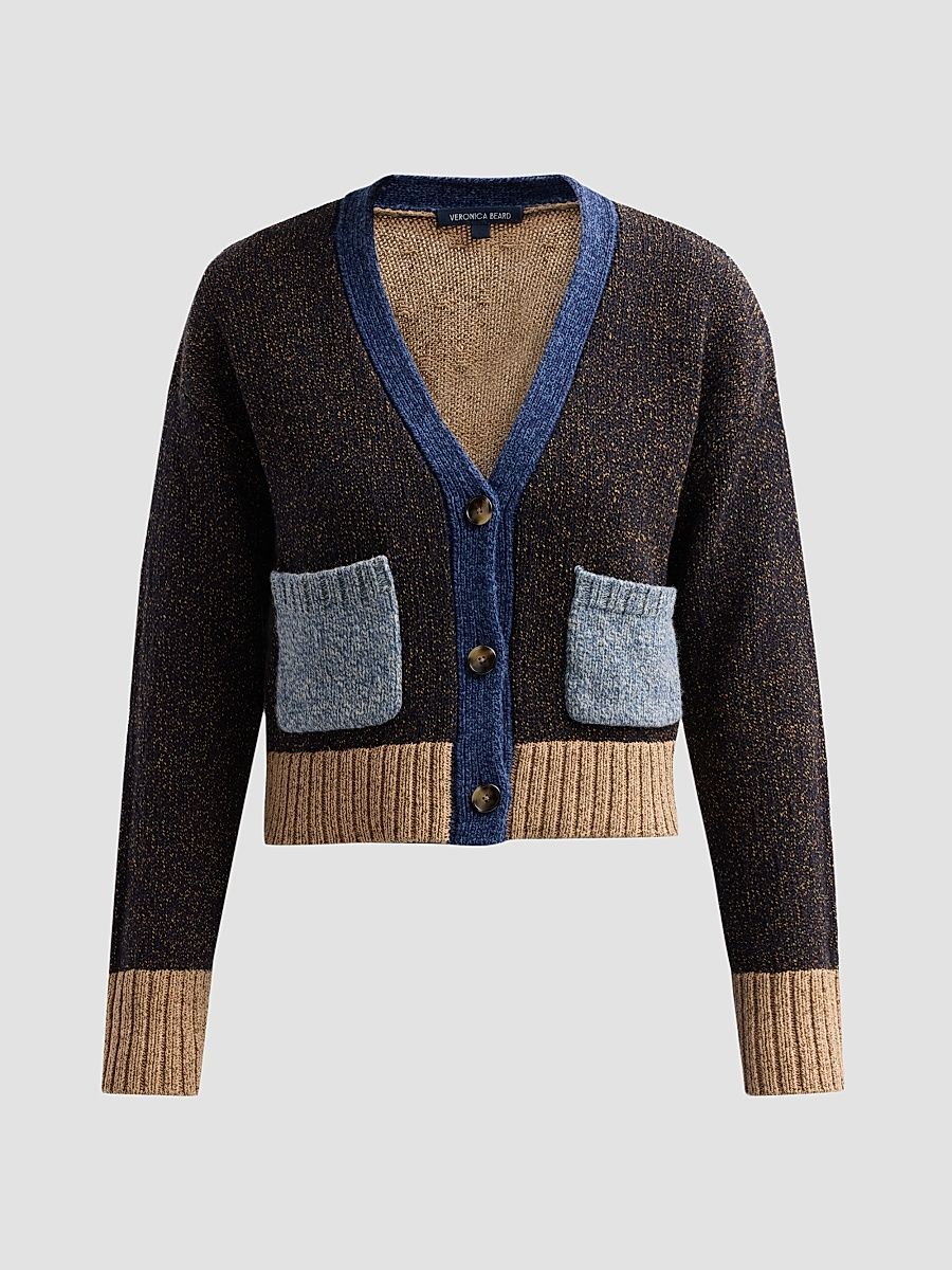 Women's Josiane Merino Wool-Cotton V-Neck Crop Cardigan - Heritage Navy Multi - Size XL