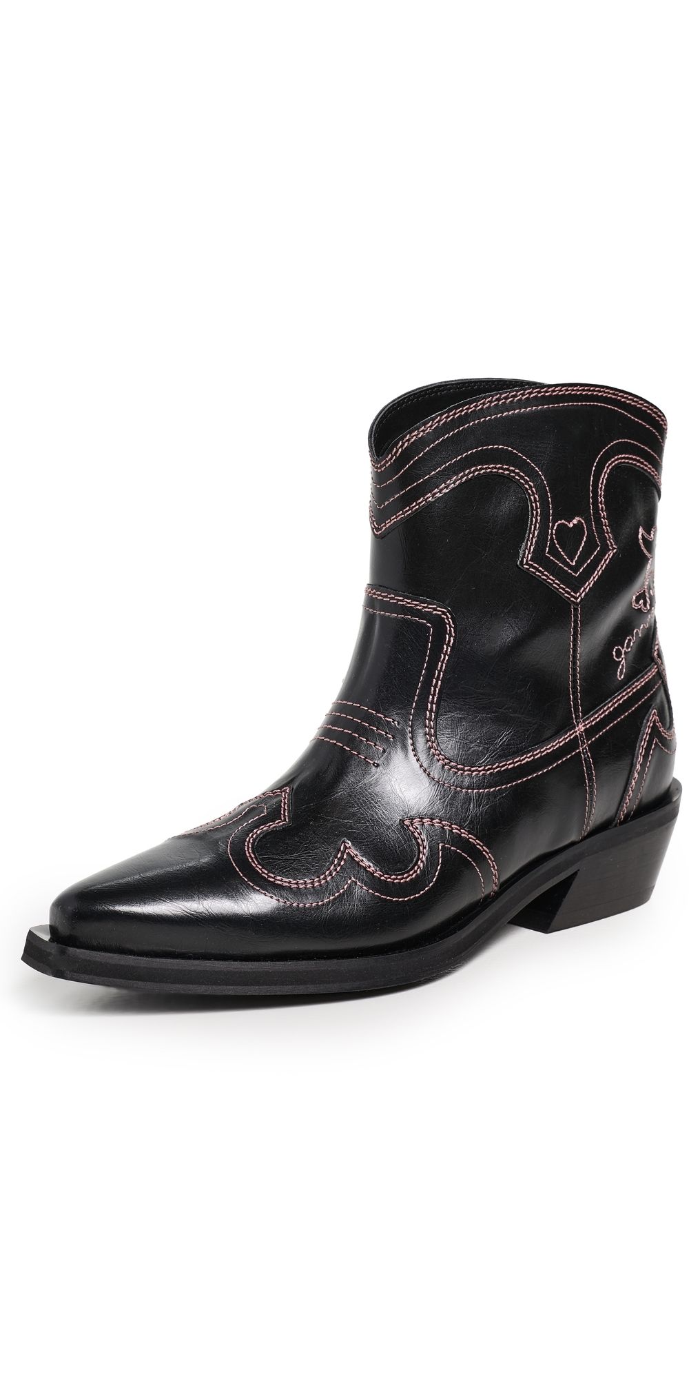 GANNI Low Shaft Embroidered Western Boots Black/Pink 41