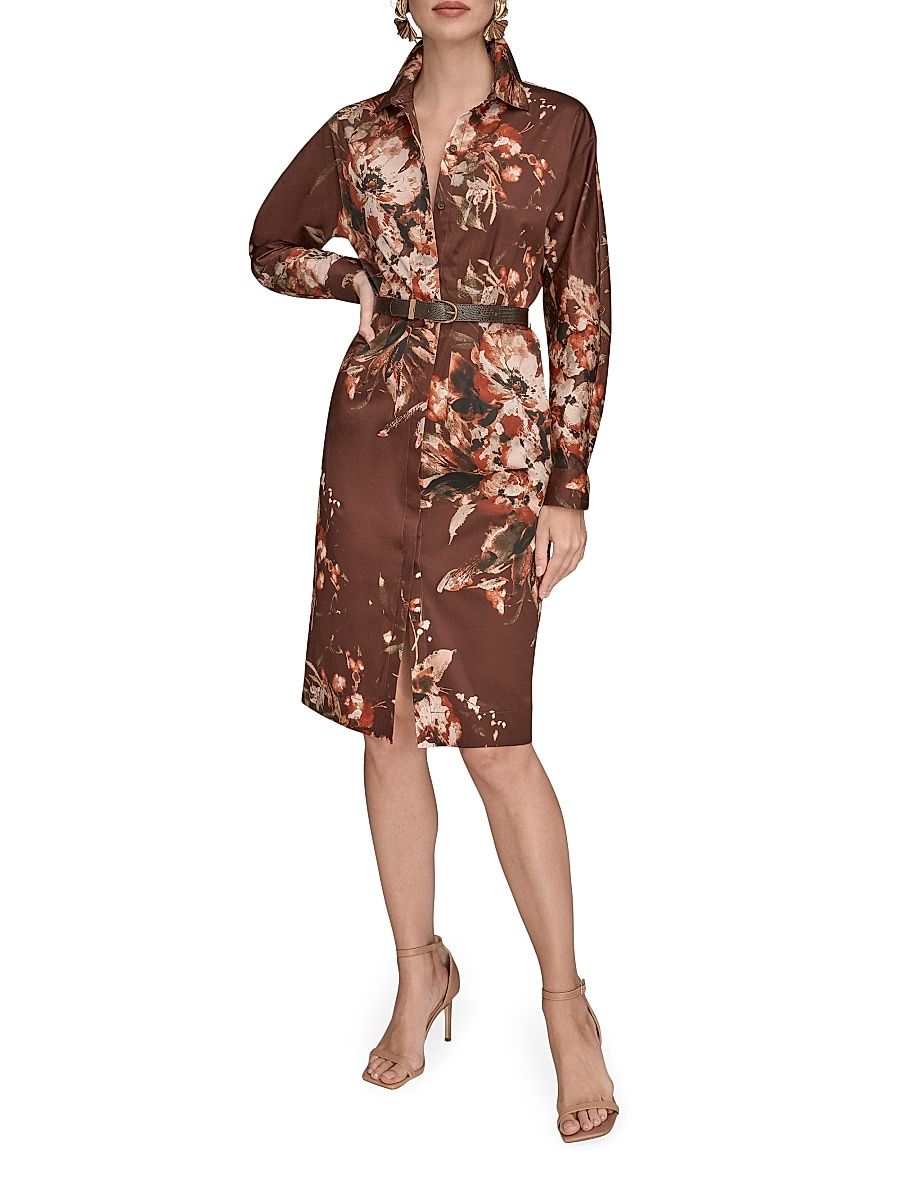 Women's Floral Knee-Length Shirtdress - Oxblood Multi - Size 2