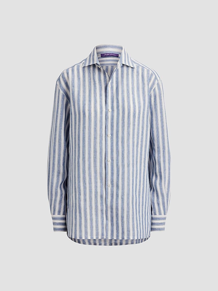 Women's Capri Relaxed-Fit Striped Linen Shirt - Chambray Blue Cream - Size 8