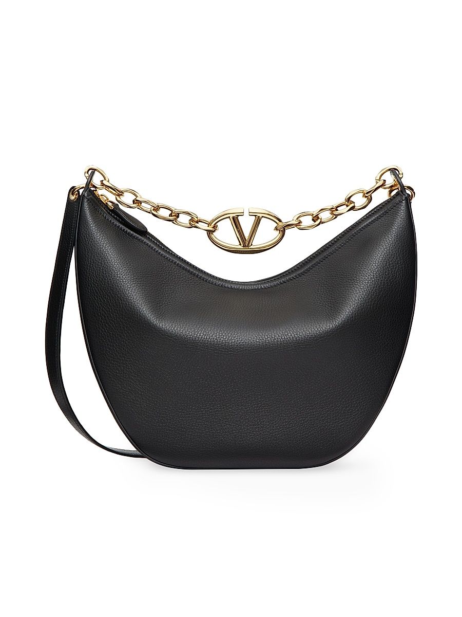 Women's VLogo Moon Medium Grainy Calfskin Hobo Bag with Chain - Black