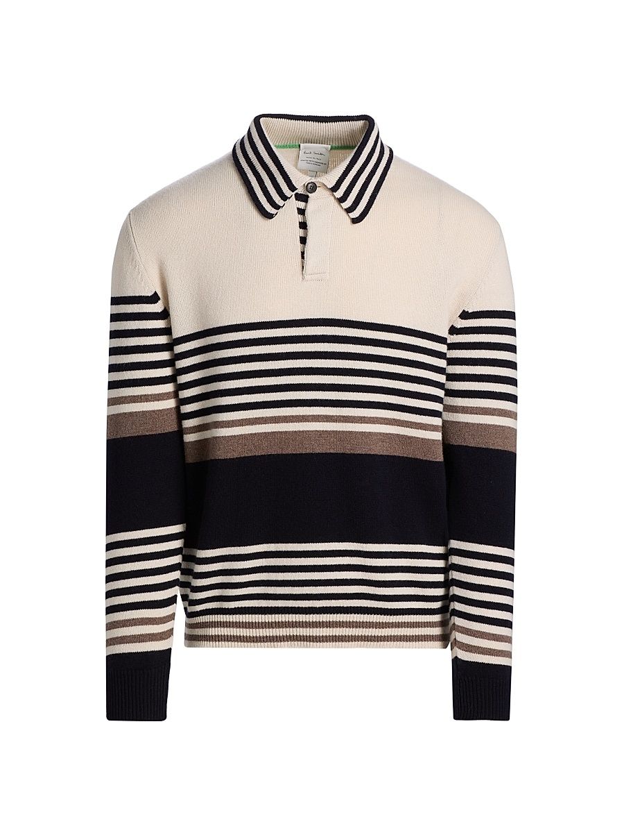 Men's Striped Cashmere Polo Sweater - Off White - Size XL