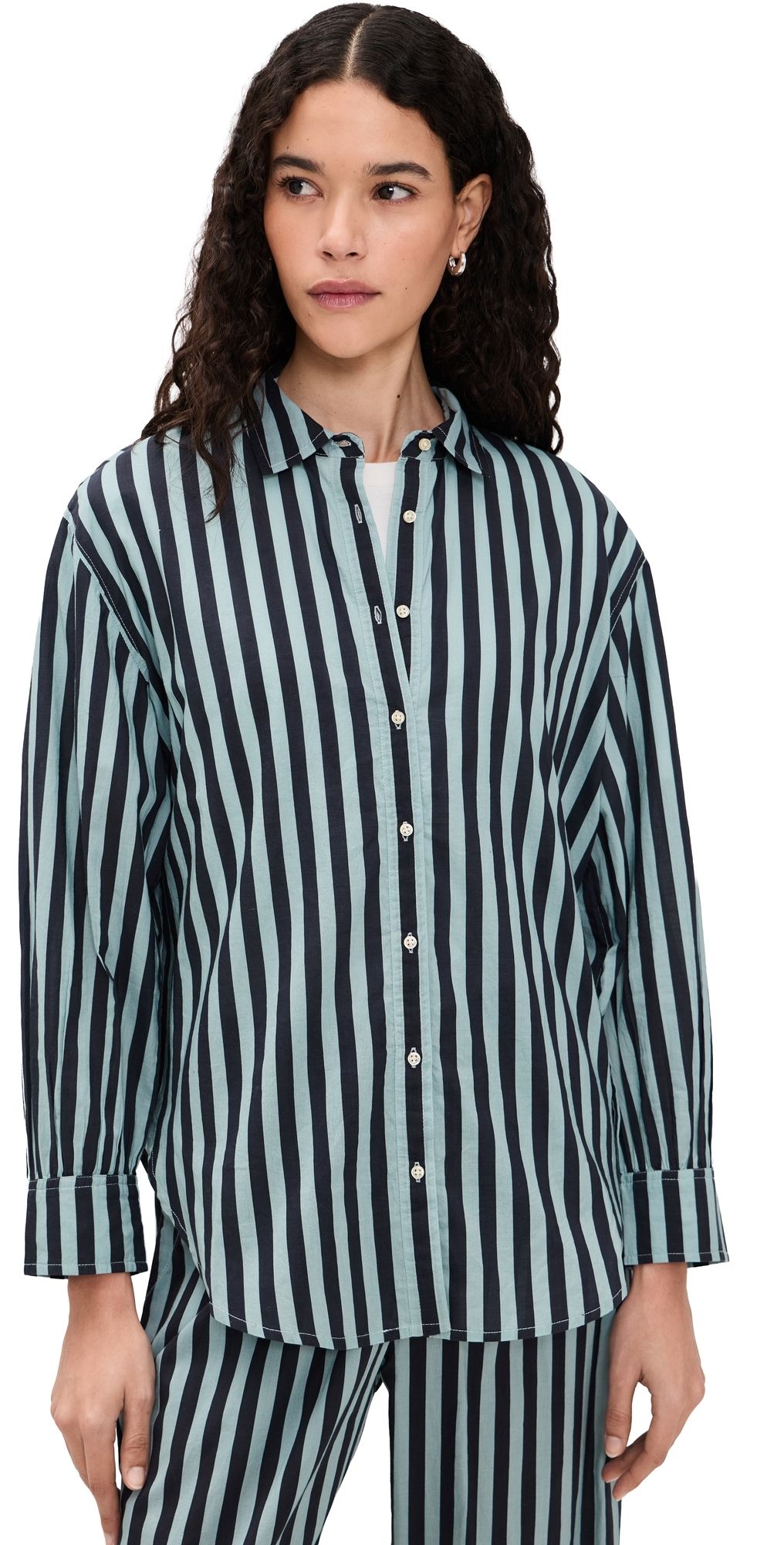 THE GREAT. The Daily Button Up Blue Club Stripe 2