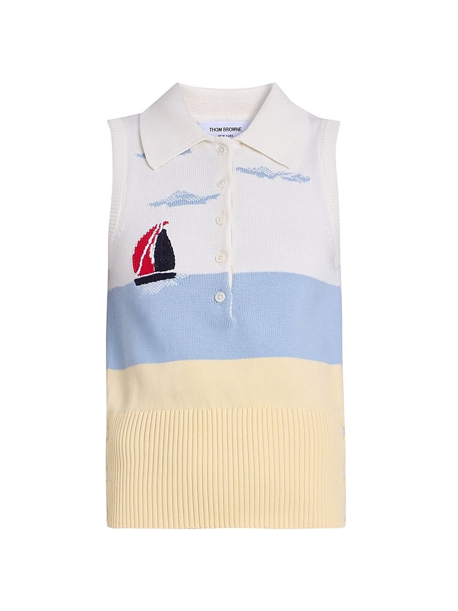 Women's Embroidered Nantucket Intarsia Sleeveless Polo Sweater - White - Size 0