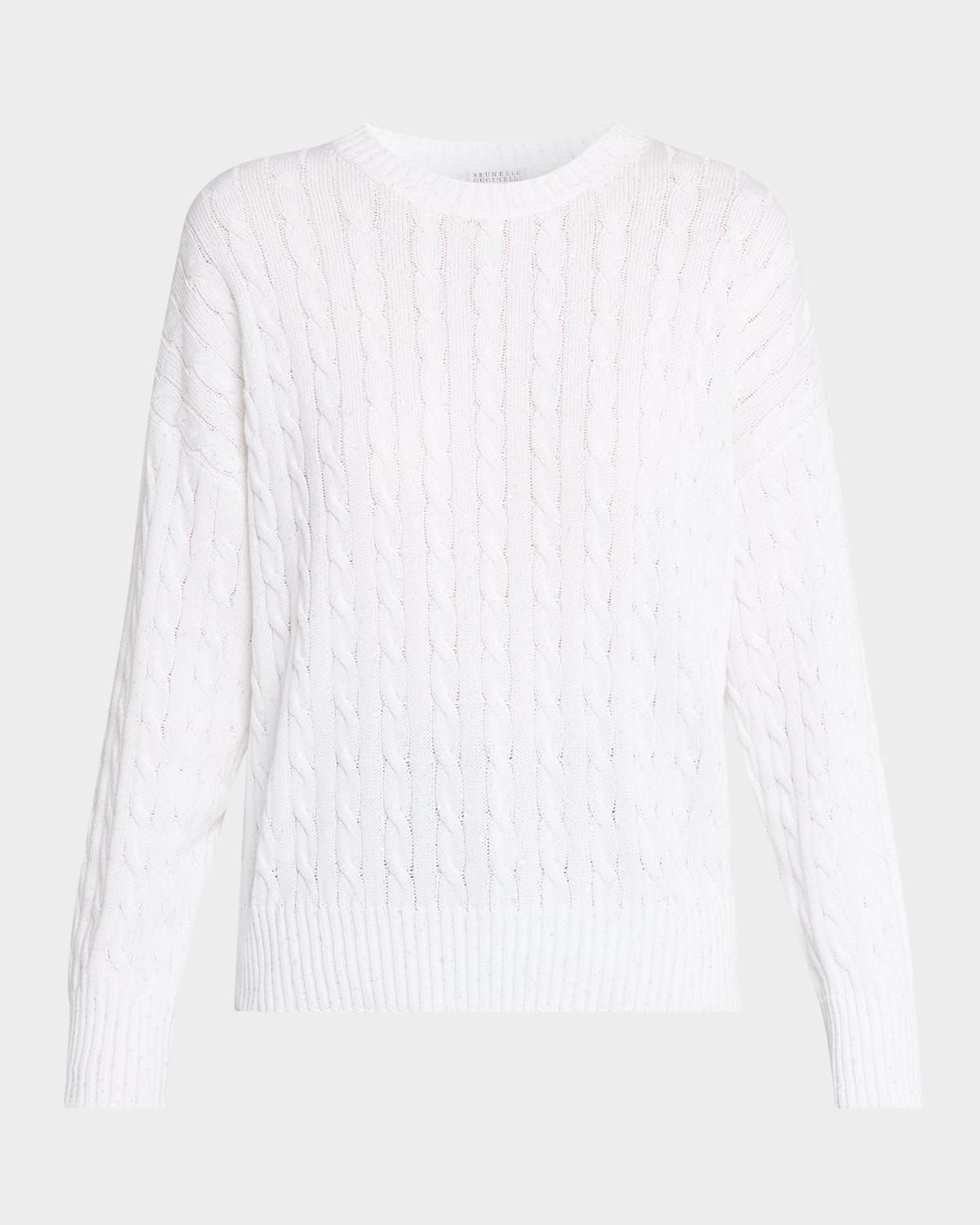 Cotton Paillette Cable-Knit Crewneck Sweater