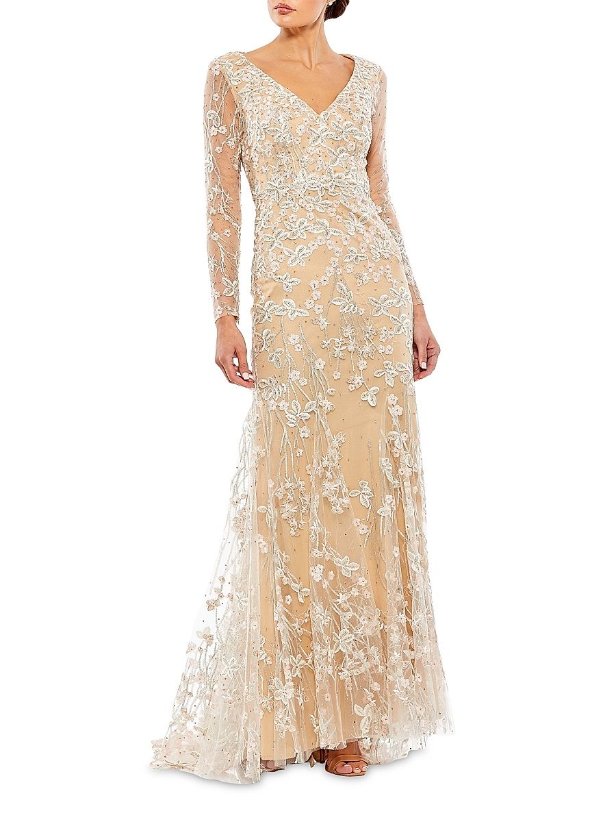 Women's Floral-Embroidered V-Neck Trumpet Gown - Ivory Beige - Size 2