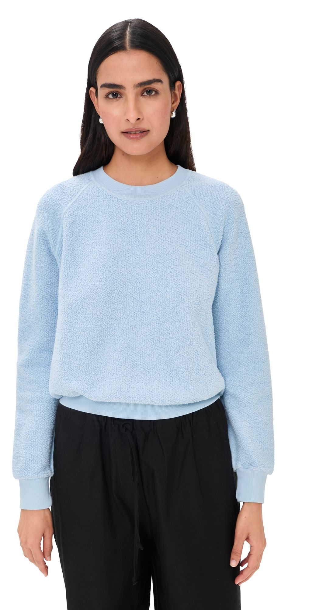 perfectwhitetee Ziggy Inside Out Fleece Long Sleeve Shrunken Crewneck Sweatshirt Powder Blue XS