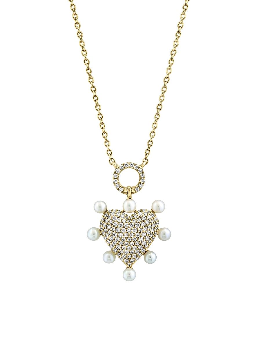 Women's 14K Yellow Gold, Freshwater Pearl & 0.47 TCW Diamond Heart Pendant Necklace - Yellow Gold