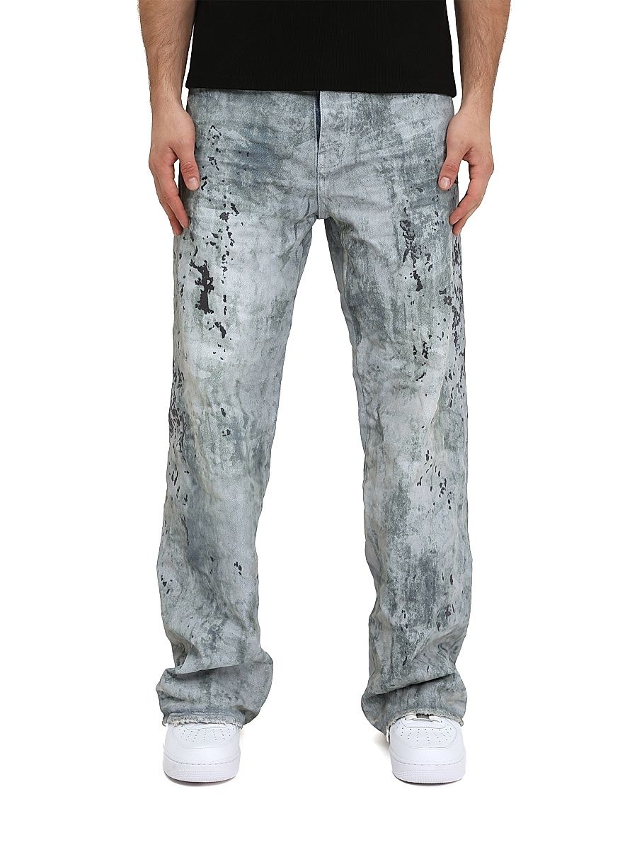 Men's P018 Worn Camouflage Embroidered Baggy Jeans - Light Indigo - Size 29