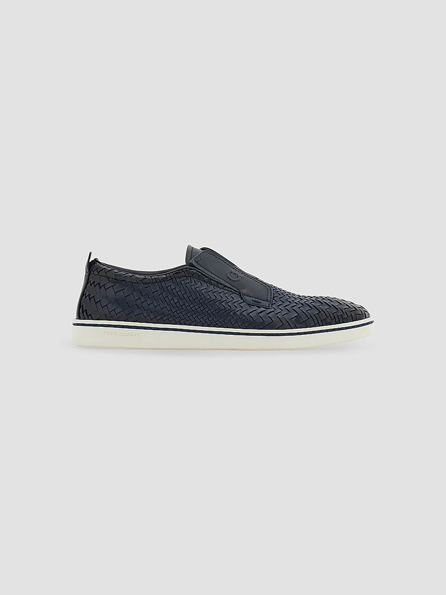 FERRAGAMO Men's Alfie Braided Leather Slip-On Shoes - Navy - Size 9.5