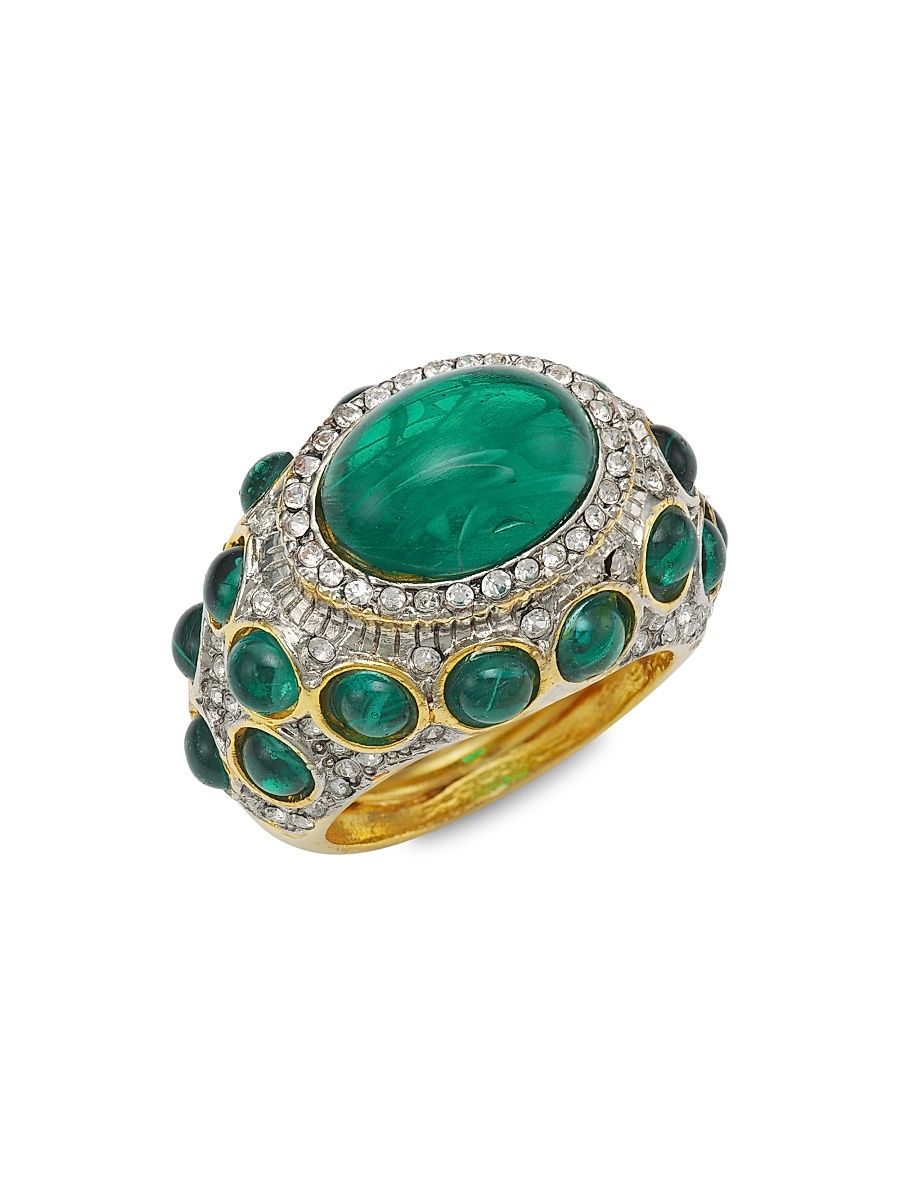 Women's Goldtone Faux Emerald & Pavé Adjustable Cocktail Ring - Flaw Emerald