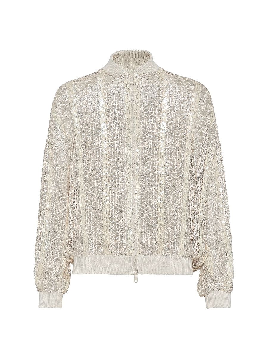 Brunello Cucinelli Women's Dazzling Striped Net Embroidery Bomber Jacket - Oat - Size XXXL