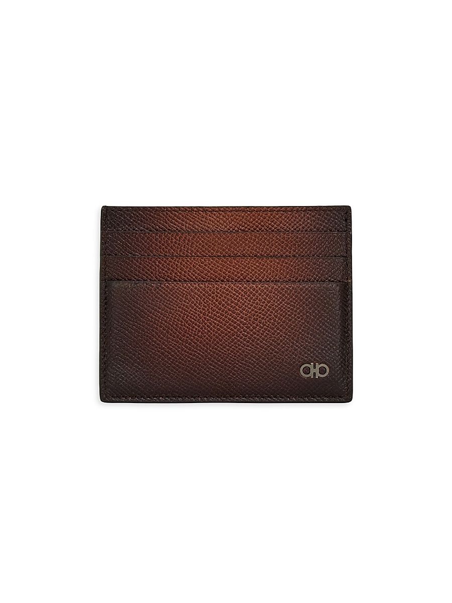 Men's Micro Gancio Embossed Leather Card Case - New Cognac Nero Brown