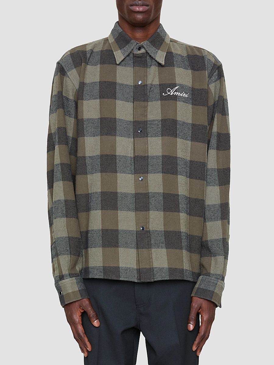 Amiri Men's Oversized Heavy Cotton Flannel Shirt - Deep Olive - Size Medium