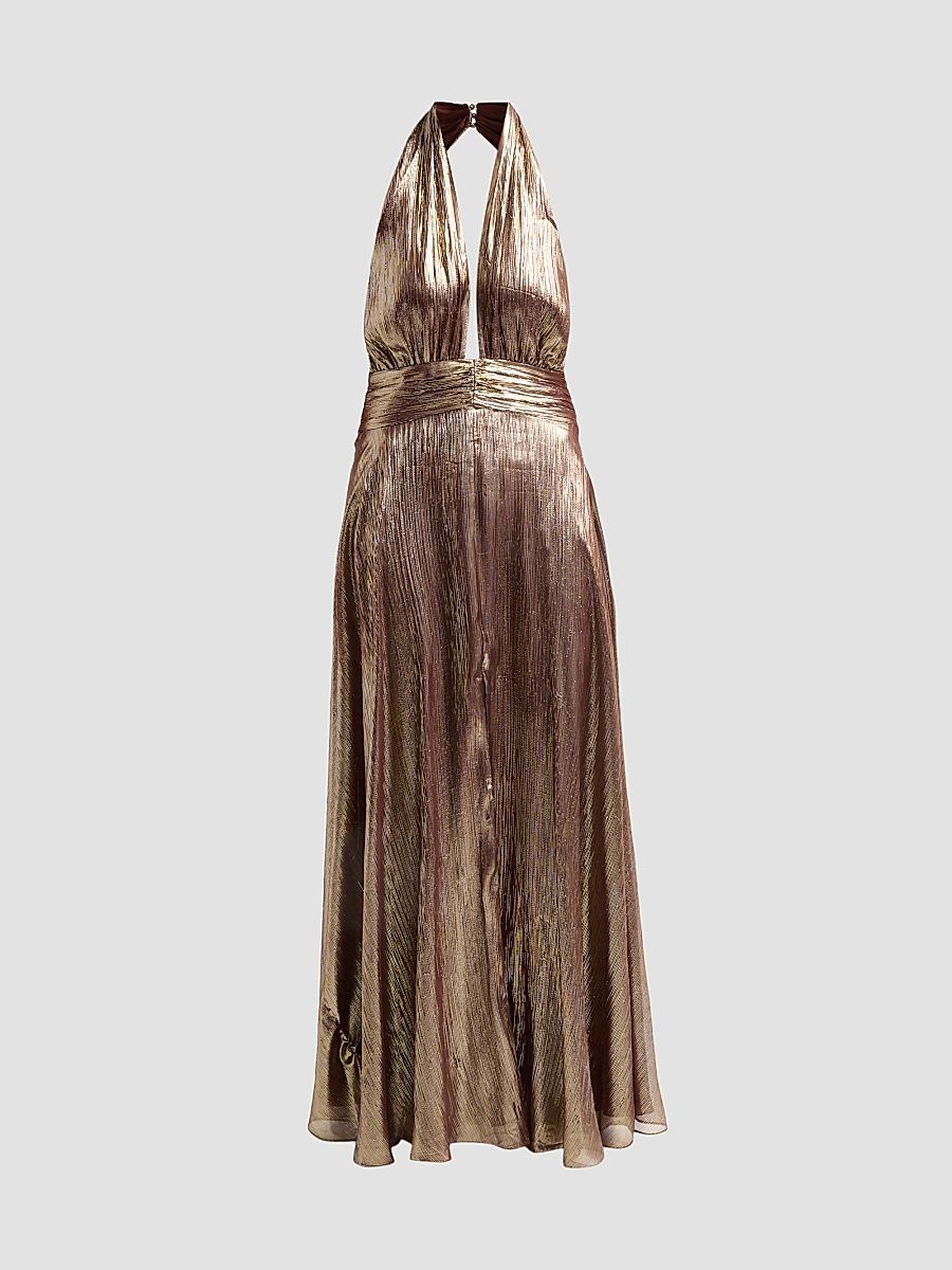 Women's Aurora Metallic Halterneck Gown - Dark Gold Lame - Size 2