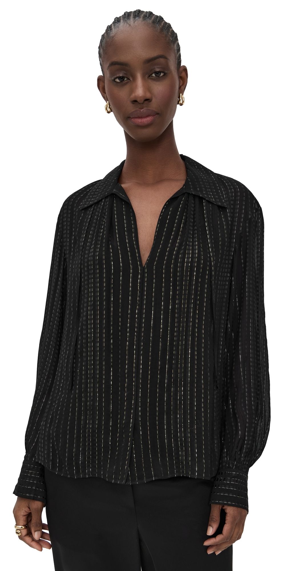 Vince Gathered Metallic Stripe Blouse Black XL