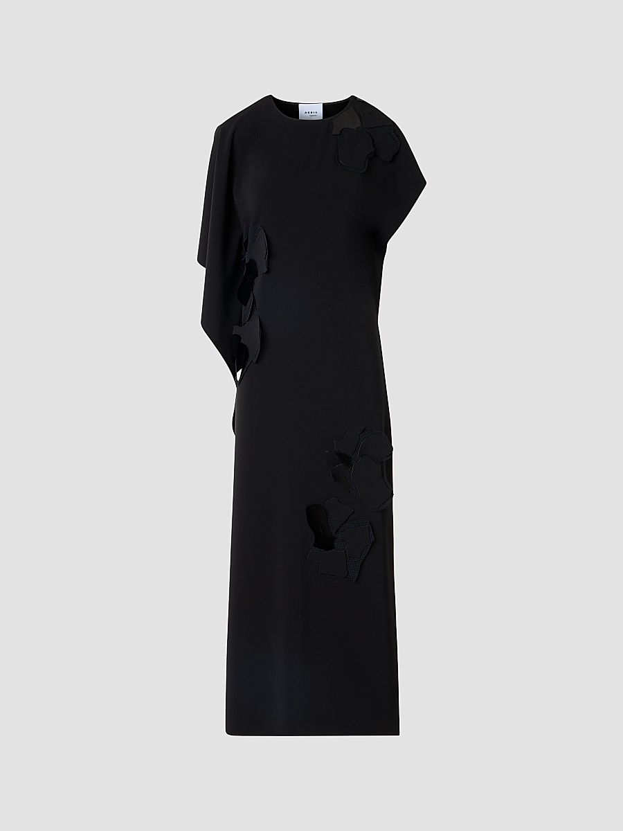 Women's Lasercut Crêpe Appliqué Midi Dress - Black - Size 16
