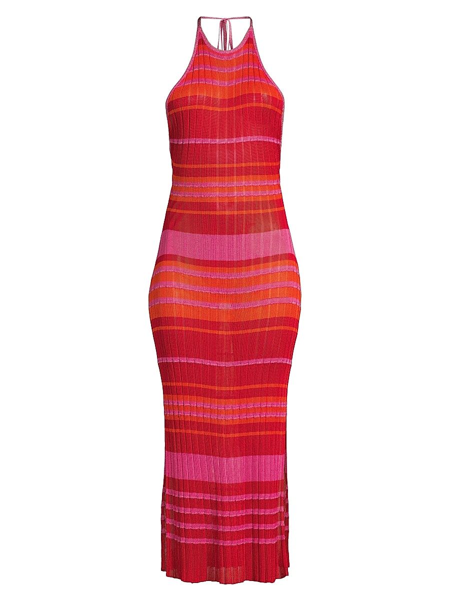 Women's Variegated Stripe Halter Midi-Dress - Pink Multi - Size Large