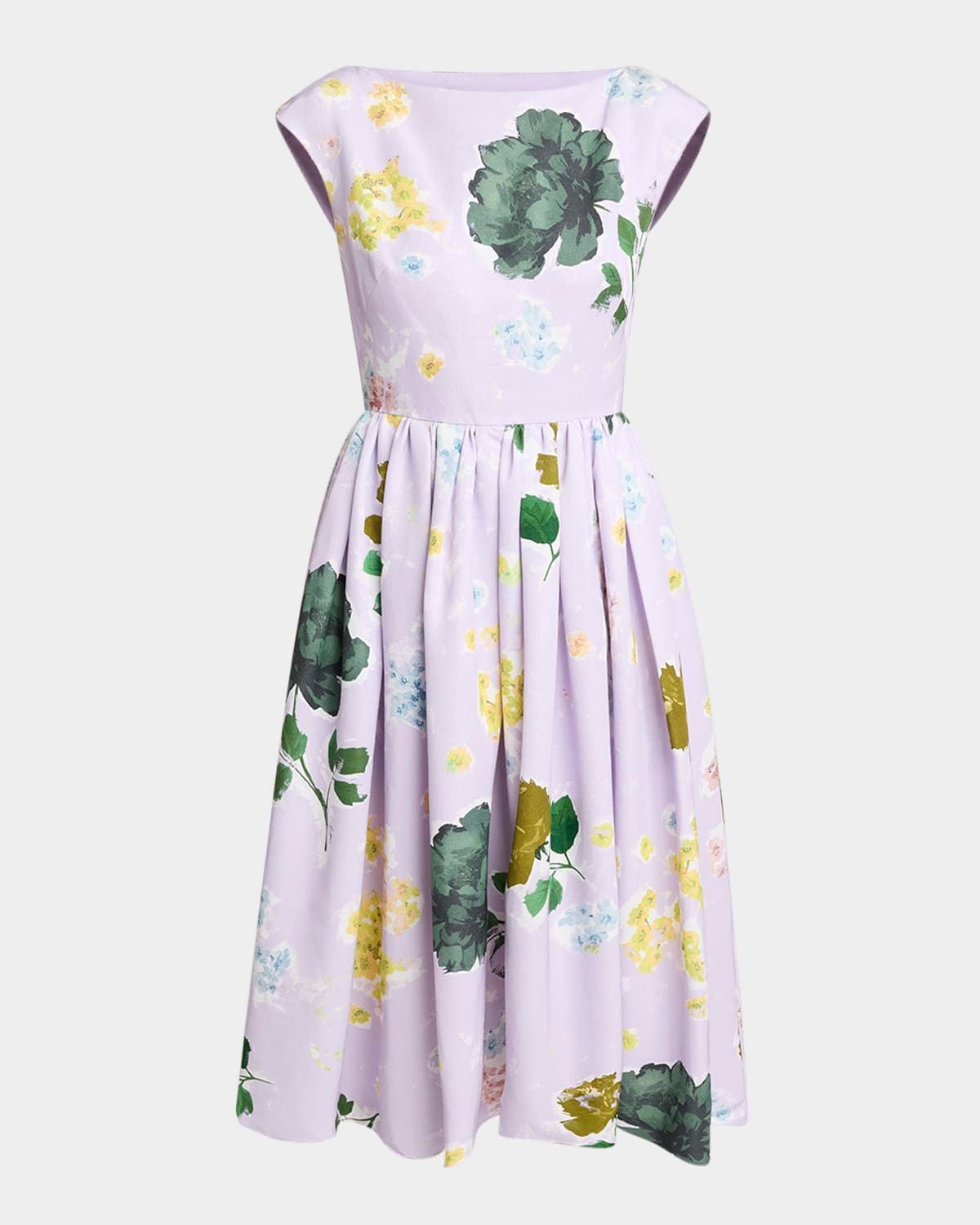 Boat-Neck Floral-Print Pleated Midi Dress