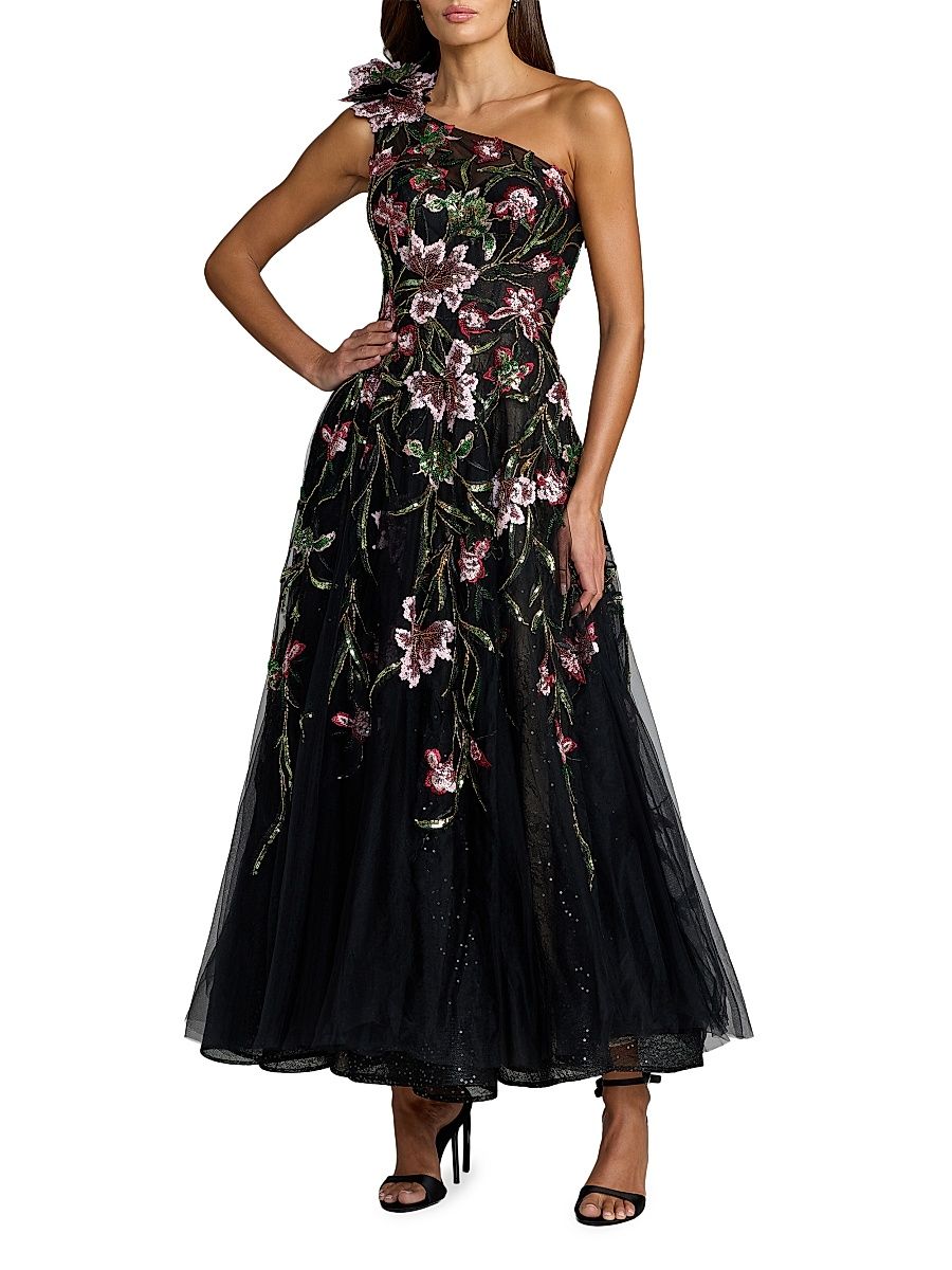 Women's Beaded Floral-Embroidered One-Shoulder Cocktail Dress - Black Multi - Size 16