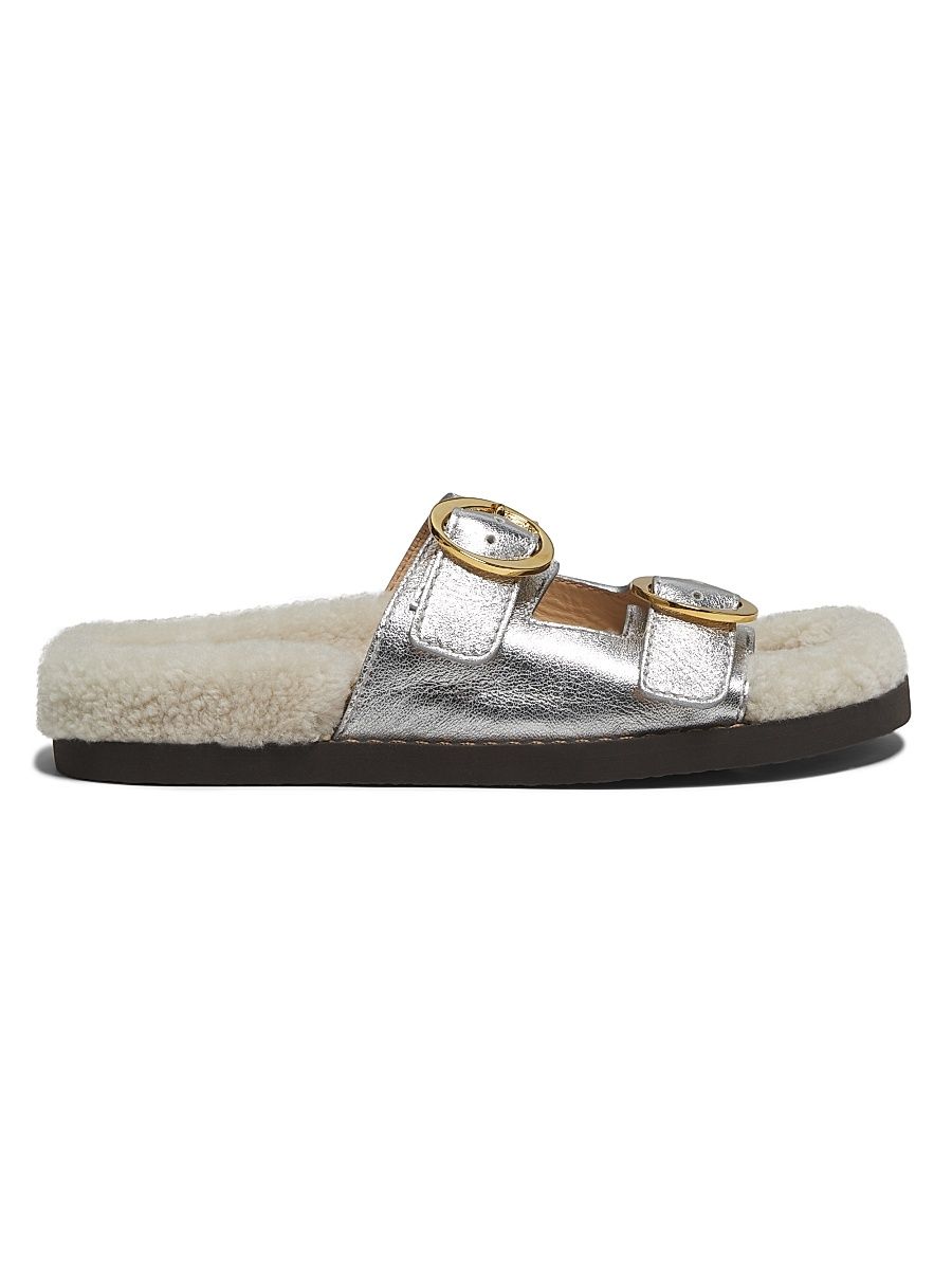 Women's Yuki Metallic Leather Shearling Lined Flats - Silver - Size 6