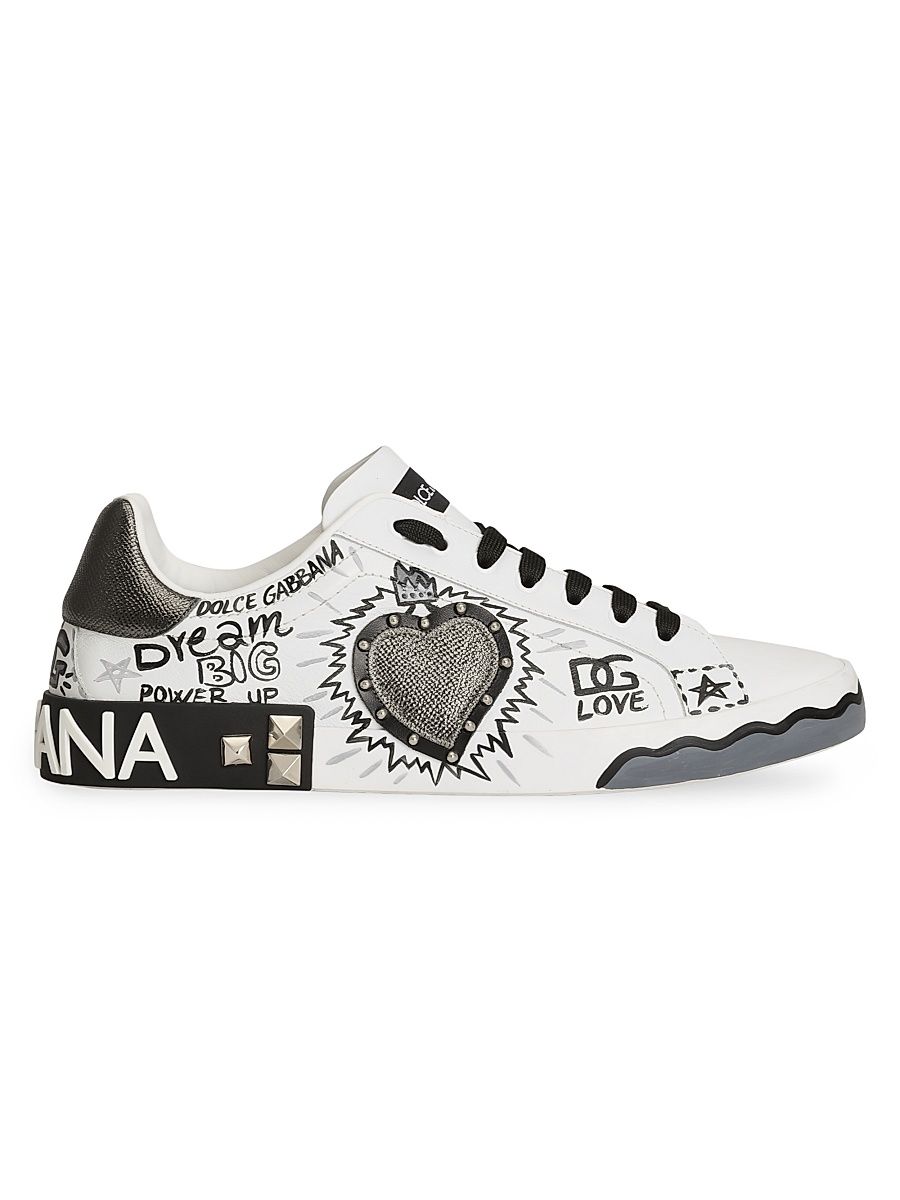 Men's Graffiti Patchwork Leather Low-Top Sneakers - Scritte Corona Nera - Size 13