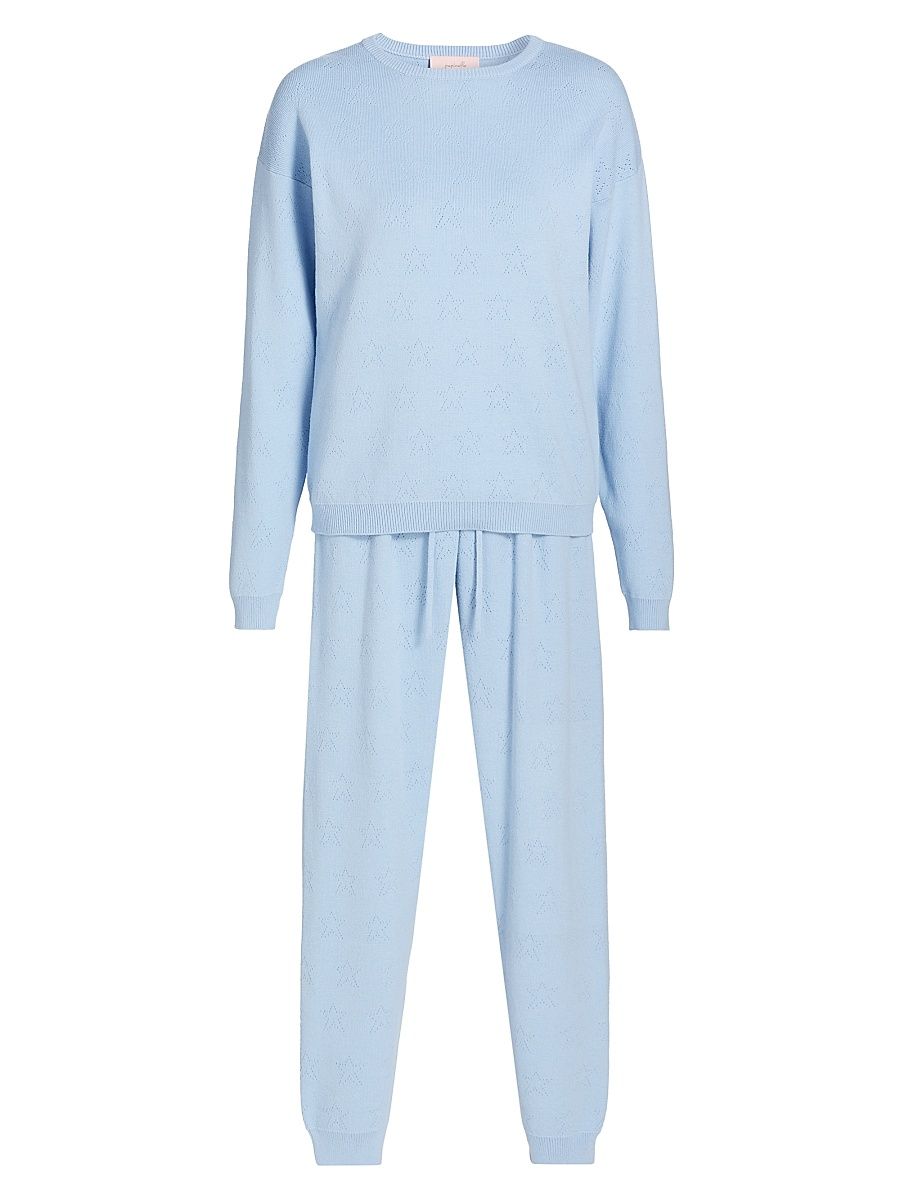 Women's Cosy 2-Piece Pointelle-Knit Jogger Set - Winter Blue - Size Medium