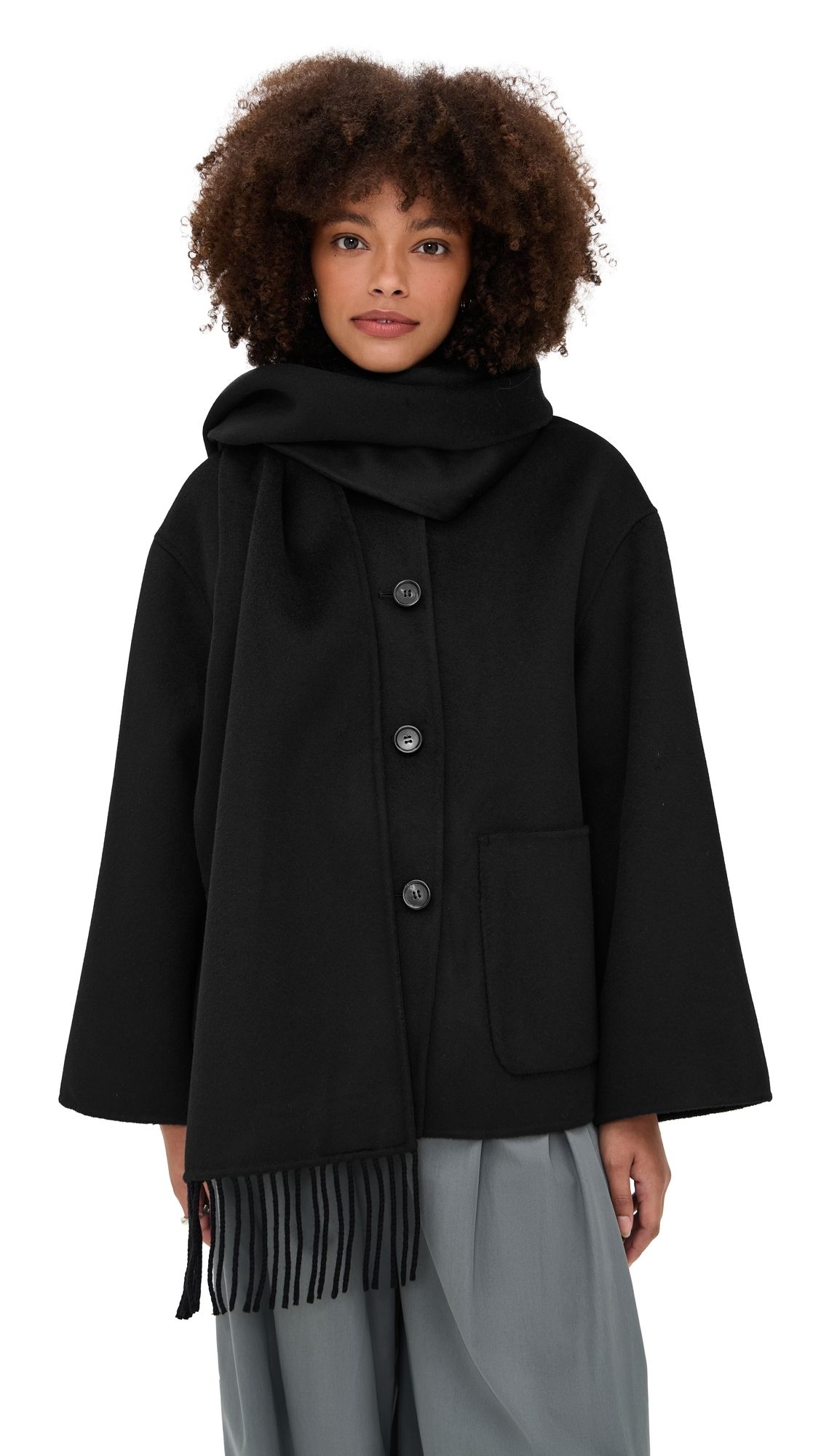 MEIMEIJ Lana Wool Peacoat with Attached Scarf Black 36