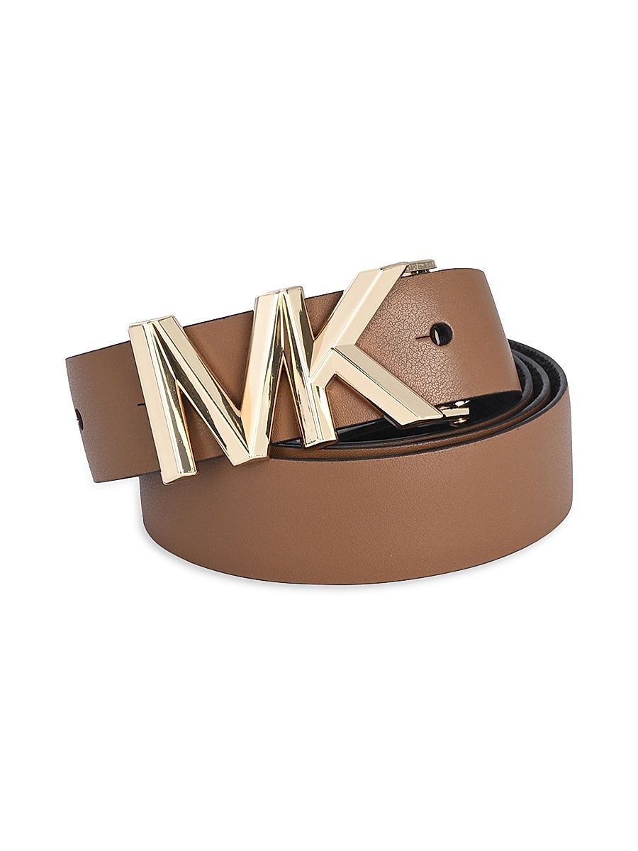 Women's MK Logo Buckle Reversible Leather Belt - Brown Gold - Size Medium