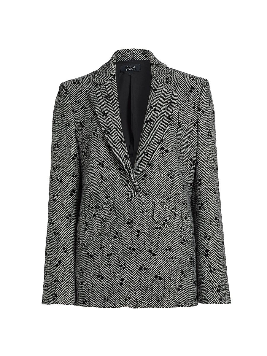 Women's The Shaped Herringbone Embroidered Wool-Blend Blazer - Cherry Herringbone - Size Large