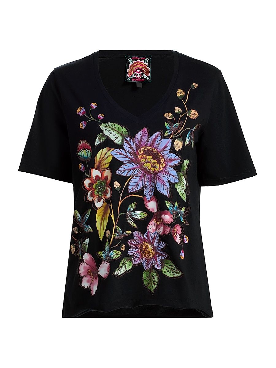 Women's Floral Print Embroidered V-Neck T-Shirt - Black - Size Large
