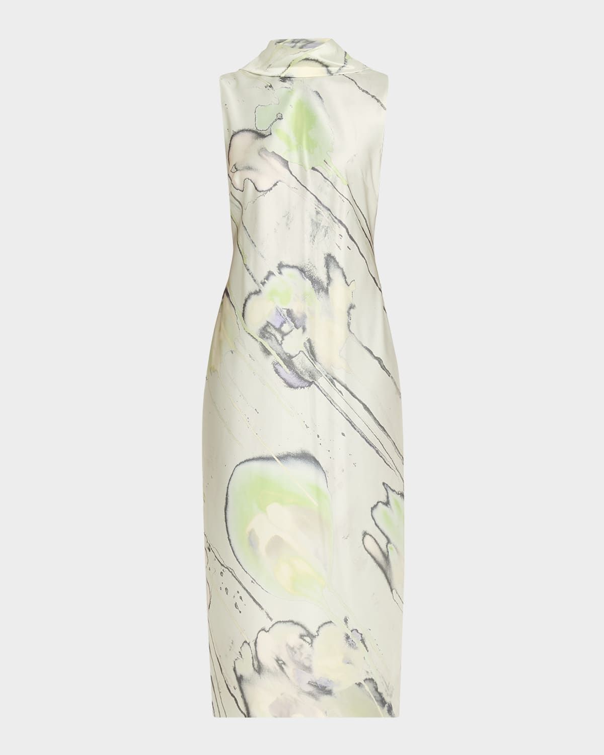 Sleeveless Watercolor Bias-Cut Scarf Midi Dress