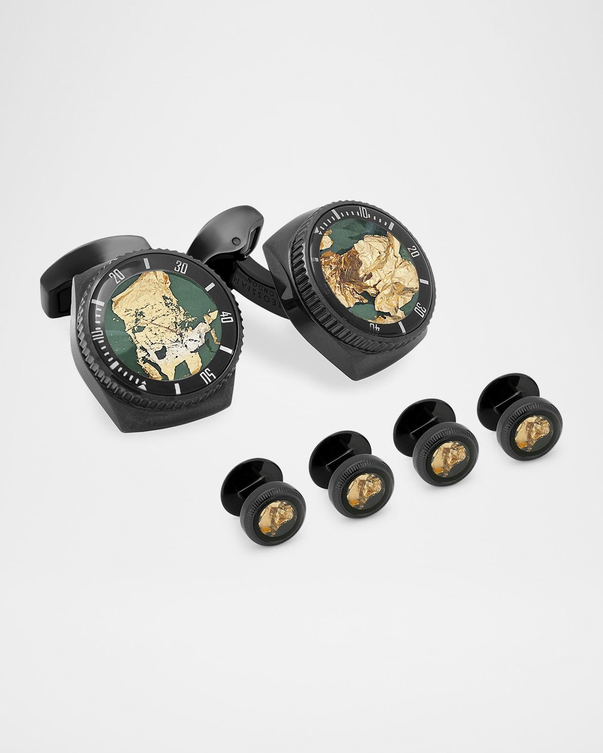 Men & apos;s Black IP Plated Stainless Steel and 22K Gold Rotating Cufflink Stud Set