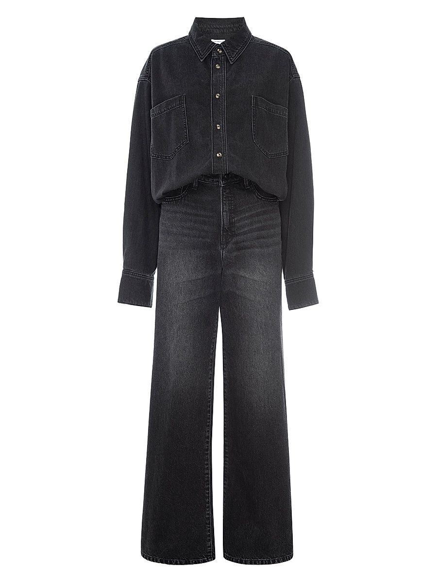 Women's Denim Shirt Wide-Leg Jumpsuit - Black - Size XS