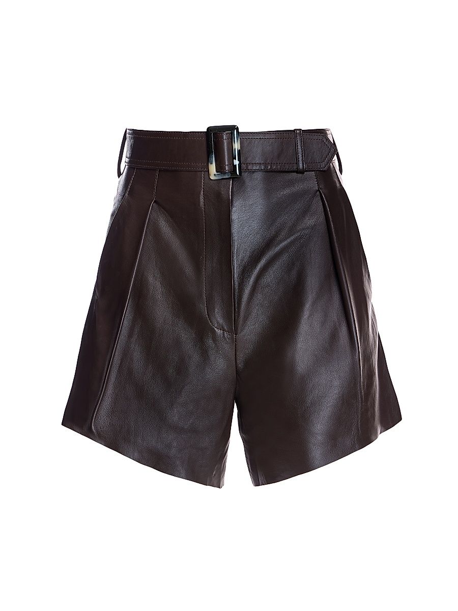 Women's Leather High-Waist Belted Shorts - Brown - Size Medium