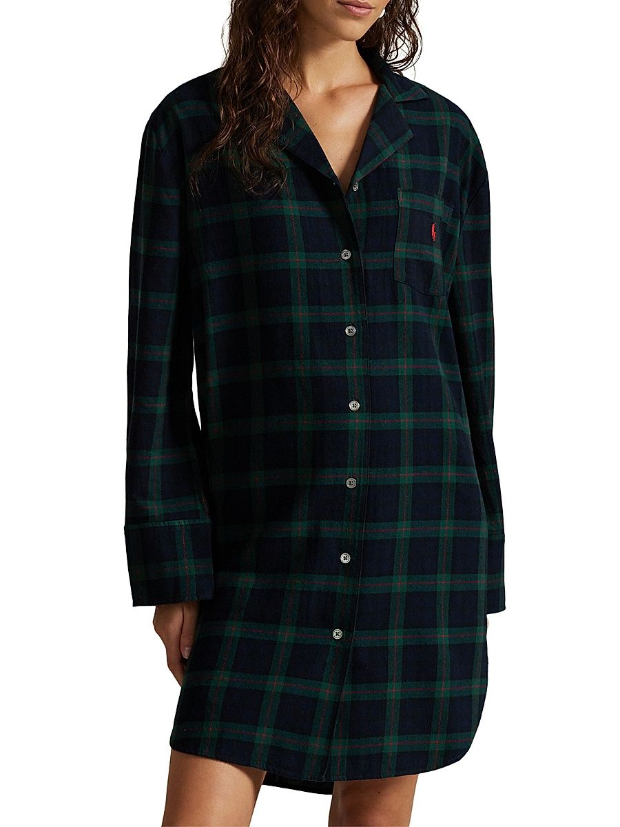 Women's Cozy Flannel Plaid Cotton Mini Shirtdress - Black Watch - Size Small