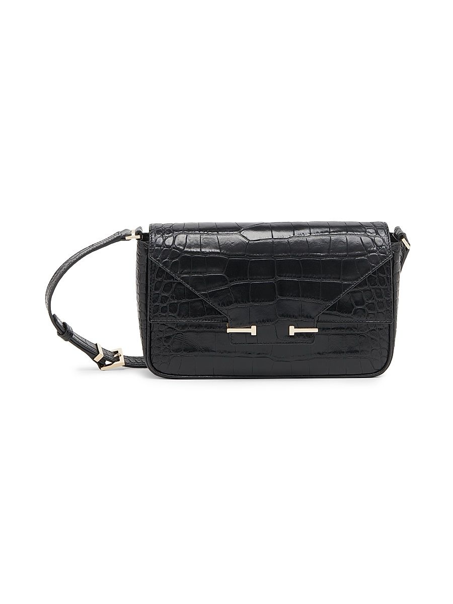 Women's Small Croc-Embossed Leather Shoulder Bag - Black