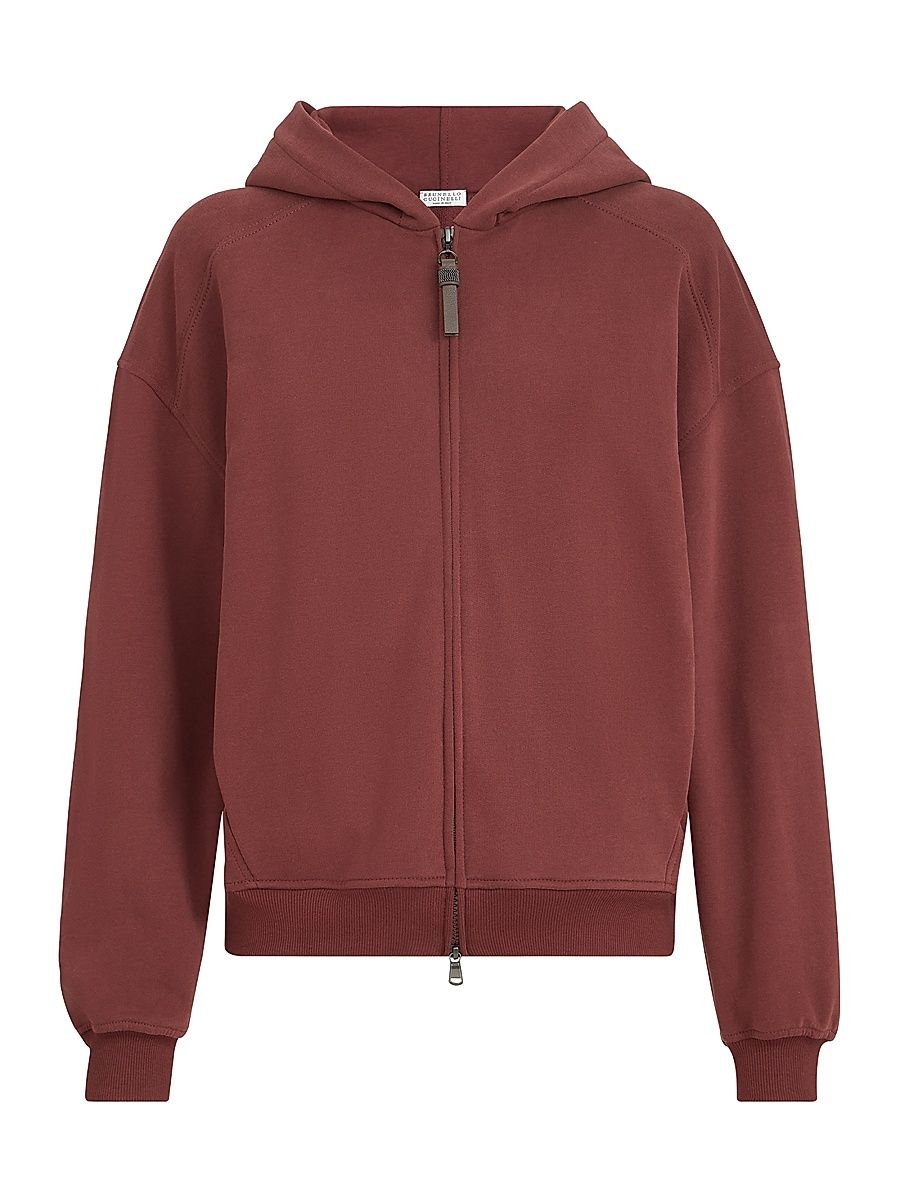Women's Cotton Smooth French Terry Sweatshirt with Shiny Zipper Pull - Wine - Size Medium