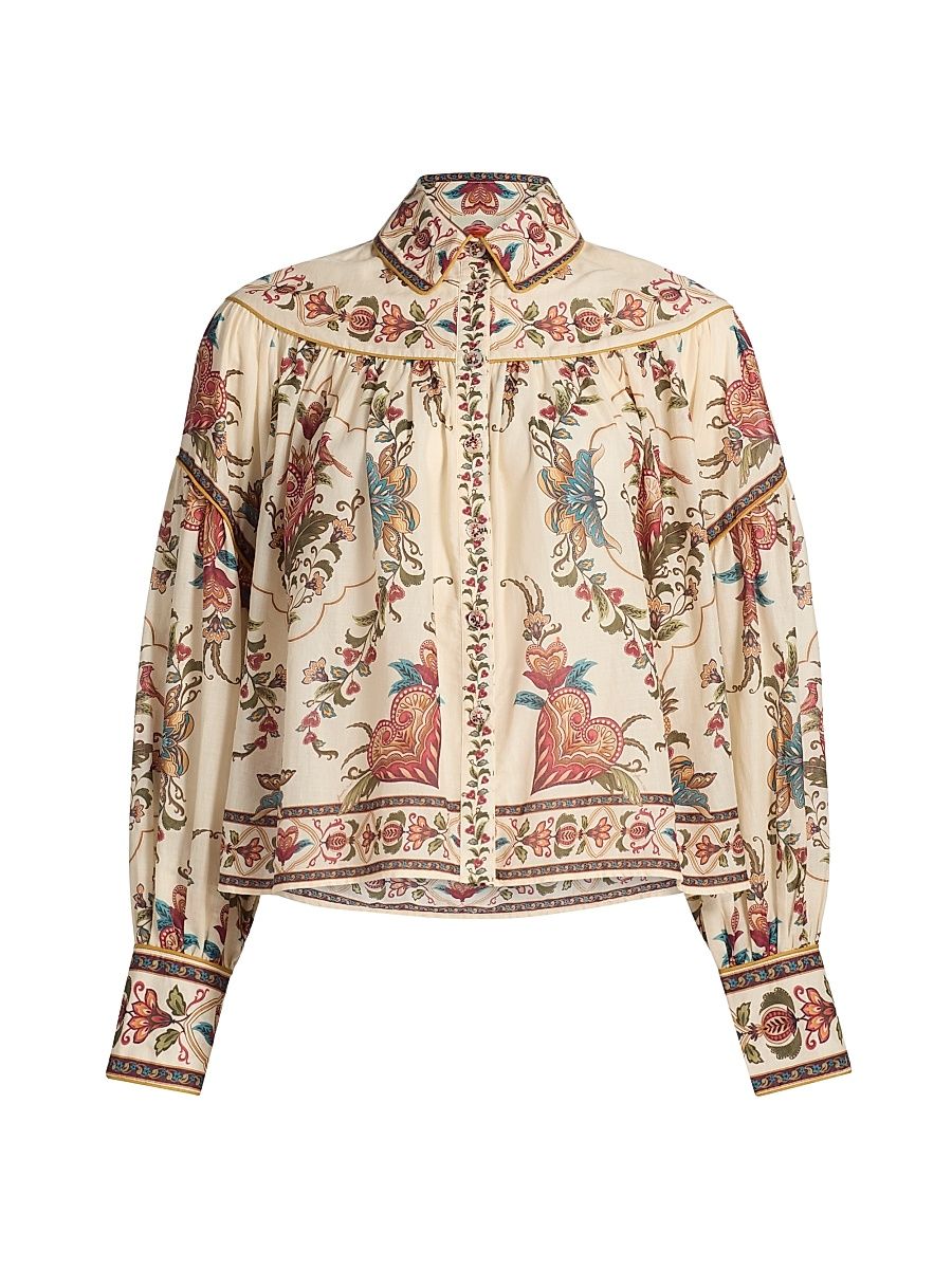 Women's Majestic Hearts Floral Cotton Blouse - Cream - Size Small