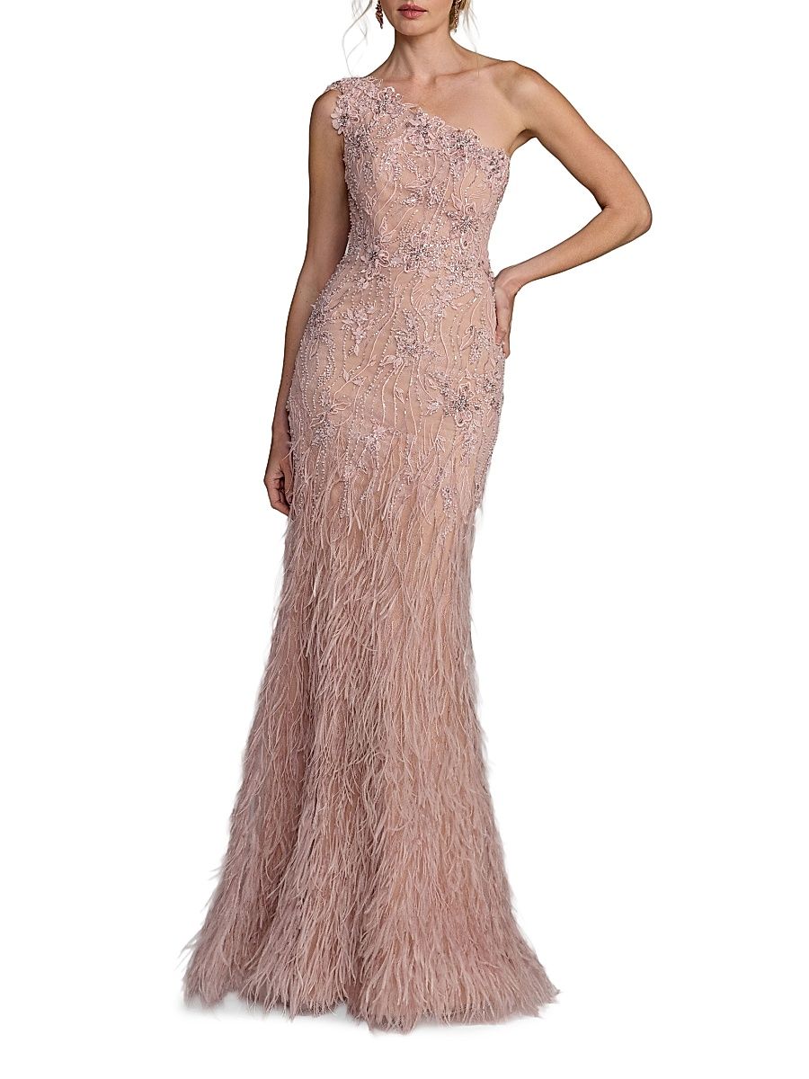 Women's Embellished Lace One-Shoulder Feather Gown - Vintage Lilac - Size 10