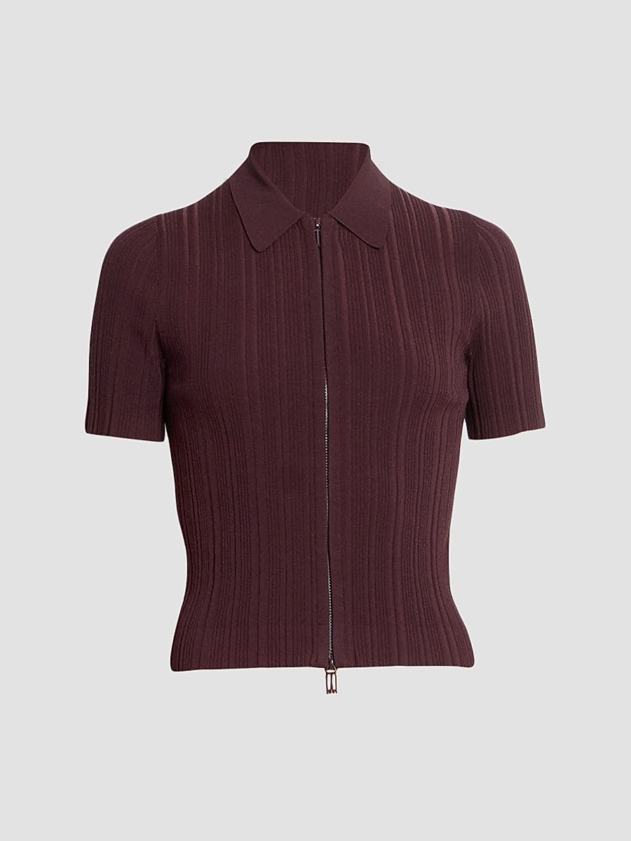 Victoria Beckham Women's Rib-Knit Zip Polo Top - Acai - Size Medium