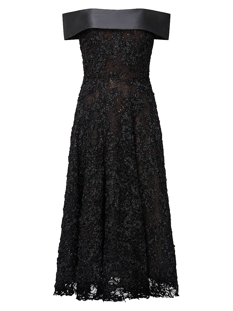 Women's Roxy Lace Off-The-Shoulder A-Line Midi-Dress - Black - Size 14