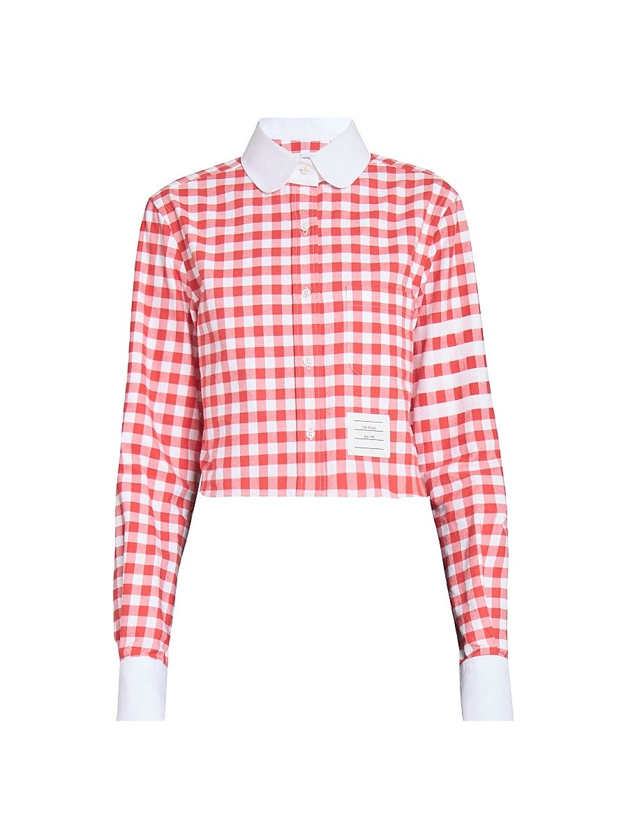 Women's Gingham Checked Cotton Crop Shirt - Red - Size 8