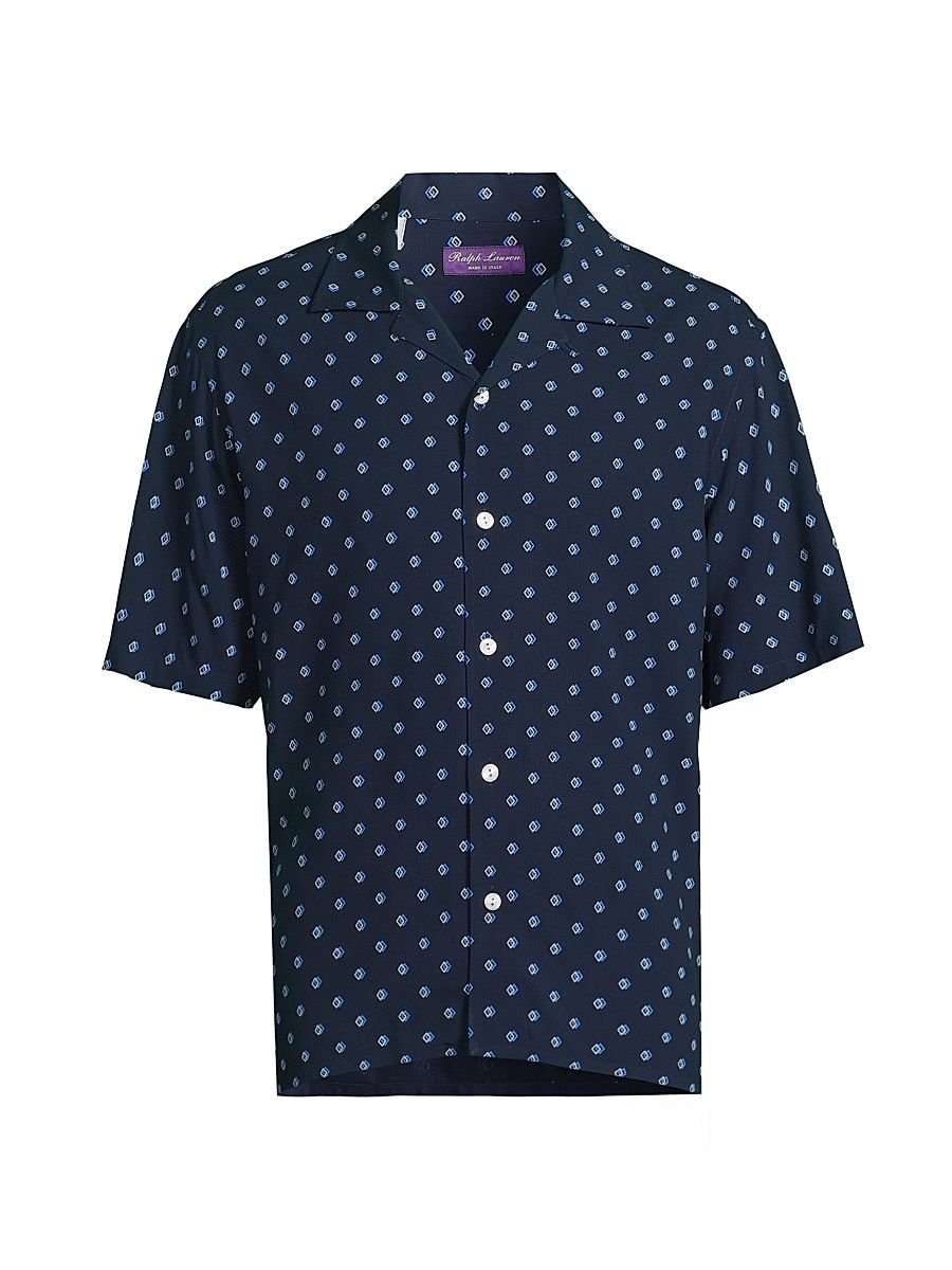 Men's Geometric-Print Camp Shirt - Navy - Size Large