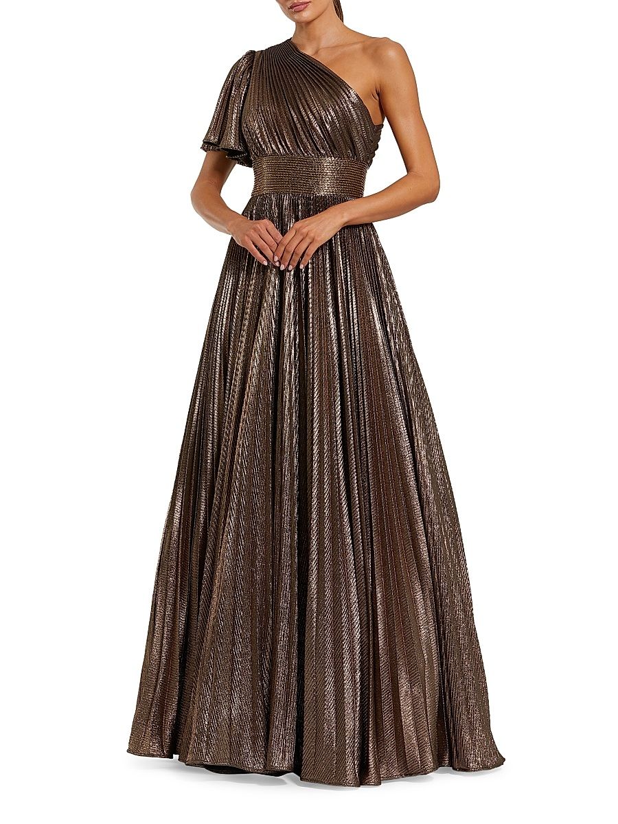 Women's One-Shoulder Pleated Metallic A-Line Ball Gown - Bronze - Size 16